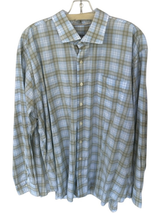 Peter Millar Size XXL Taupe & Blue Print Polyester Checkered Button Down Shirt Taupe & Blue Print / XXL