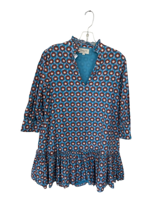 Elizabeth James the Label Size M Blue & Rust Cotton Long Sleeve V Neck Dress Blue & Rust / M