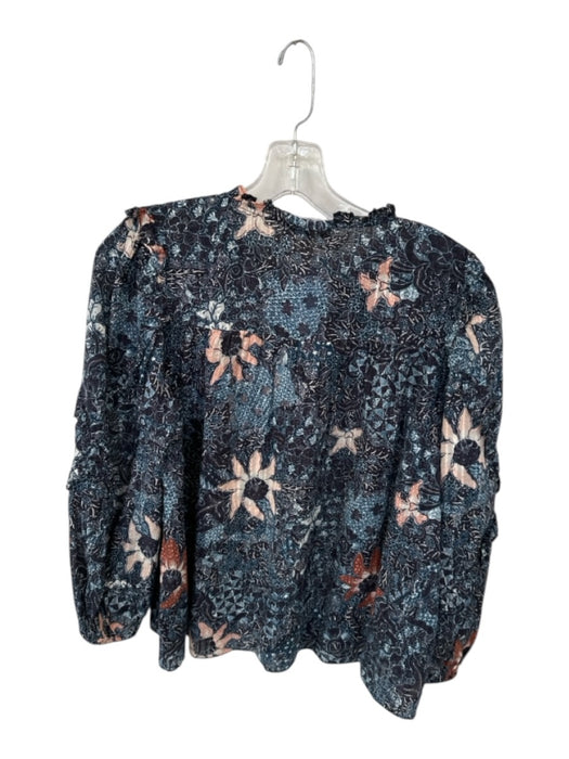 Ulla Johnson Size 6 Navy & Peach Cotton Blend Long Sleeve Flowers V Neck Top Navy & Peach / 6