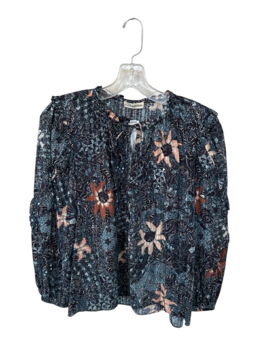 Ulla Johnson Size 6 Navy & Peach Cotton Blend Long Sleeve Flowers V Neck Top Navy & Peach / 6