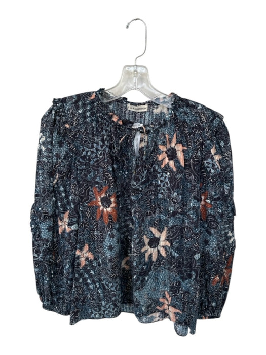 Ulla Johnson Size 6 Navy & Peach Cotton Blend Long Sleeve Flowers V Neck Top Navy & Peach / 6
