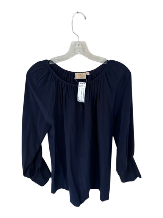 Rungolee Size S Navy Silk Long Sleeve V Neck Top Navy / S