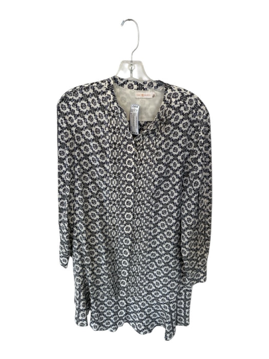 Tory Burch Size 4 Navy & white Silk Long Sleeve Abstract Pleat Detail Dress Navy & white / 4