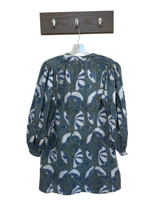 Karni Size S Slate Blue & White Cotton Long Balloon Sleeve Botanical Short Dress Slate Blue & White / S