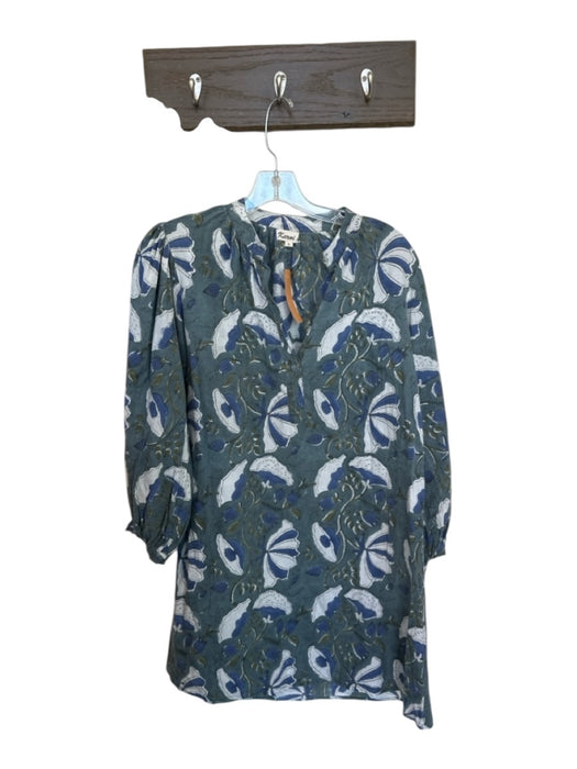 Karni Size S Slate Blue & White Cotton Long Balloon Sleeve Botanical Short Dress Slate Blue & White / S