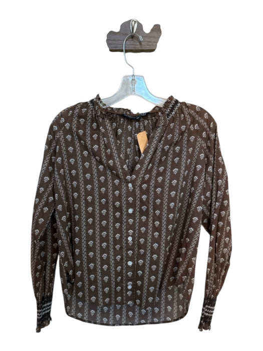 Veronica Beard Size S Brown & White Cotton Long Balloon Sleeve Flowers Top Brown & White / S