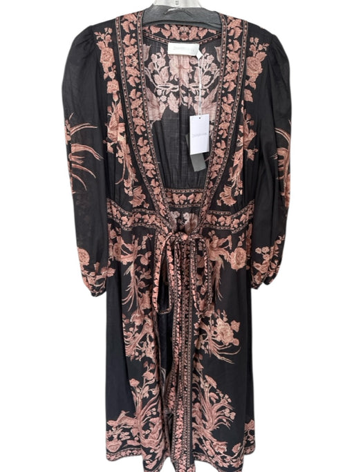 Zimmermann Size 6 Black & Mauve Cotton Long Balloon Sleeve Botanical Wrap Dress Black & Mauve / 6