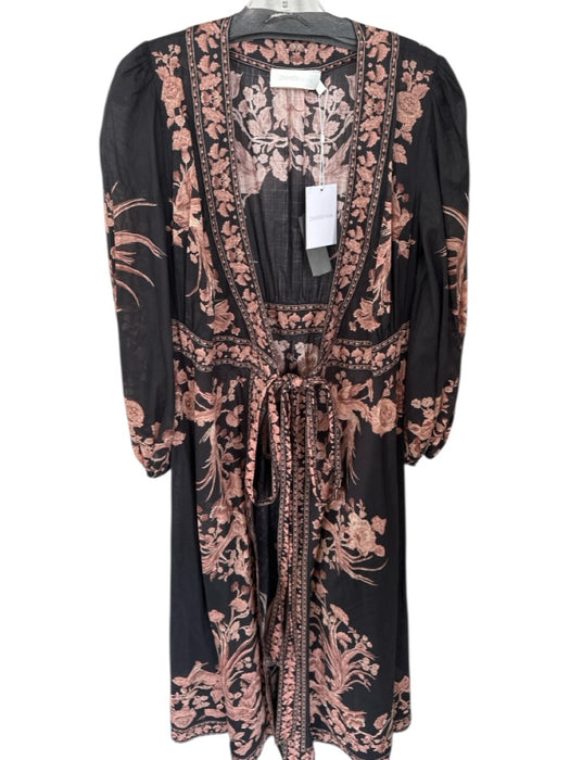 Zimmermann Size 6 Black & Mauve Cotton Long Balloon Sleeve Botanical Wrap Dress Black & Mauve / 6