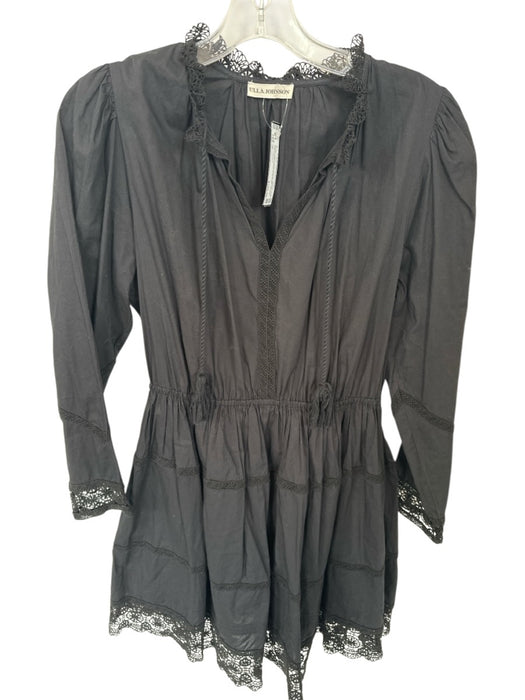 Ulla Johnson Size 6 Black Cotton Long Balloon Sleeve Lace Trim Knee length Dress Black / 6