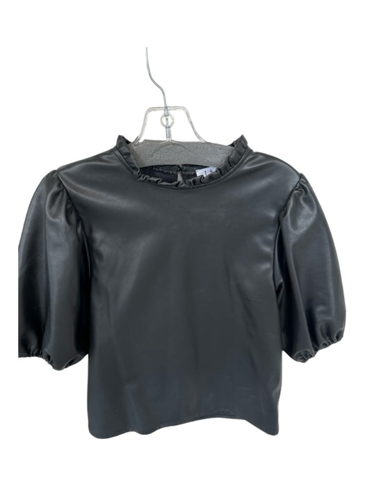 THML Size S Black Vegan Leather Short Sleeve Ruffle Collar Top Black / S