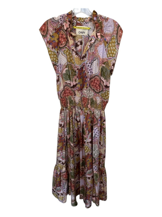 Chufy Size M Purple & Rust Print Silk Cap Sleeve Kaleidoscope Maxi Dress Purple & Rust Print / M