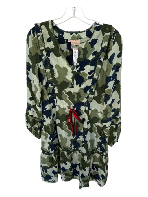 Rungolee Size XS Green & Navy Long Sleeve Camo Drawstring Waist Lace Trim Dress Green & Navy / XS