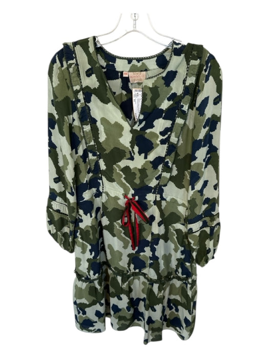 Rungolee Size XS Green & Navy Long Sleeve Camo Drawstring Waist Lace Trim Dress Green & Navy / XS