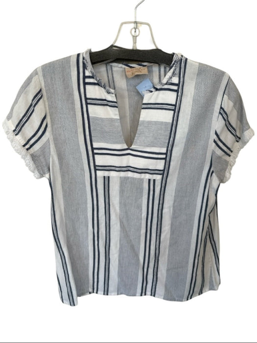 Rungolee Size S Navy & white Cotton Short Sleeve Striped Raw Hem Top Navy & white / S