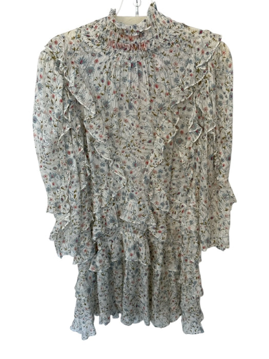 Rebecca Taylor Size 6 Blue & Red Silk Long Sleeve Botanical Smocked Neck Dress Blue & Red / 6