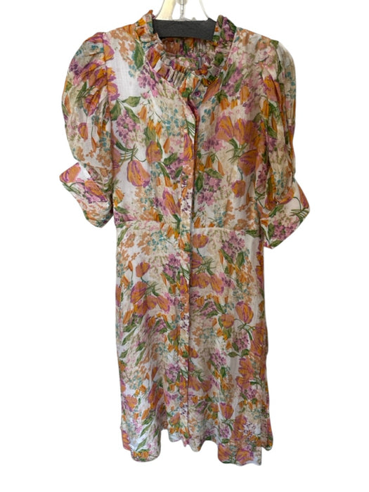 Buru Size S Orange & Pink Viscose Blend 3/4 Balloon Sleeve Botanical belt Dress Orange & Pink / S
