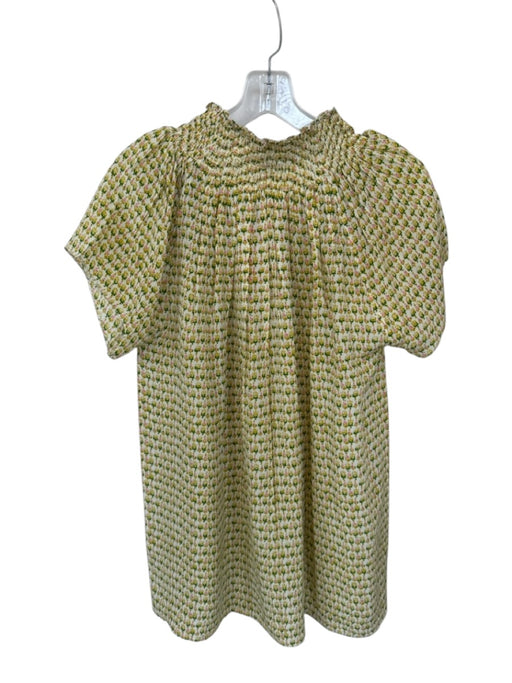 Rungolee Size S Green & Pink Silk Short Sleeve Flowers Smocked Neck V Neck Top Green & Pink / S