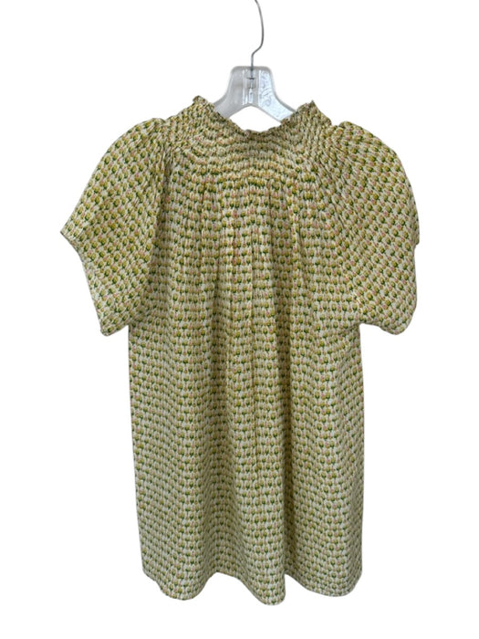 Rungolee Size S Green & Pink Silk Short Sleeve Flowers Smocked Neck V Neck Top Green & Pink / S