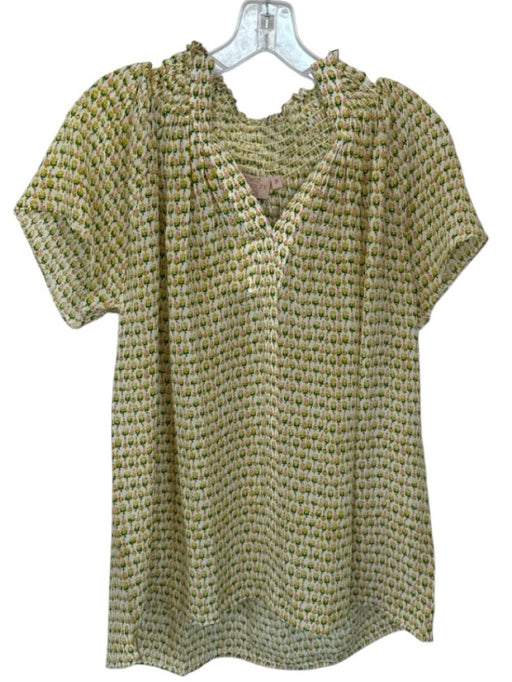 Rungolee Size S Green & Pink Silk Short Sleeve Flowers Smocked Neck V Neck Top Green & Pink / S
