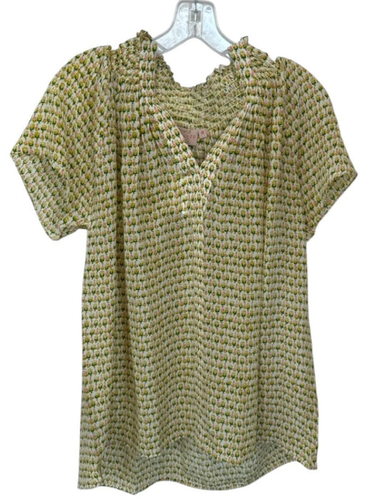 Rungolee Size S Green & Pink Silk Short Sleeve Flowers Smocked Neck V Neck Top Green & Pink / S