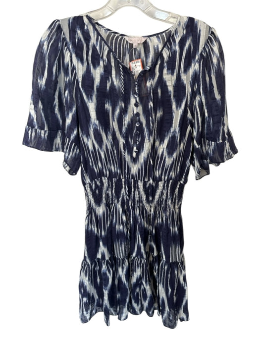Rebecca Taylor Size 6 Navy & white Silk Short Sleeve Ikat Smocked Waist Dress Navy & white / 6