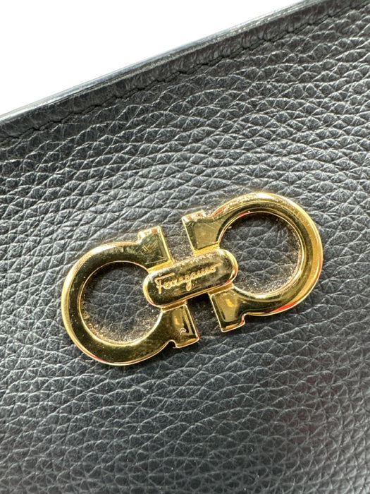 Salvatore Ferragamo Black Leather Gold Tone Hardware Zip Top Gancini Tote Bag Black
