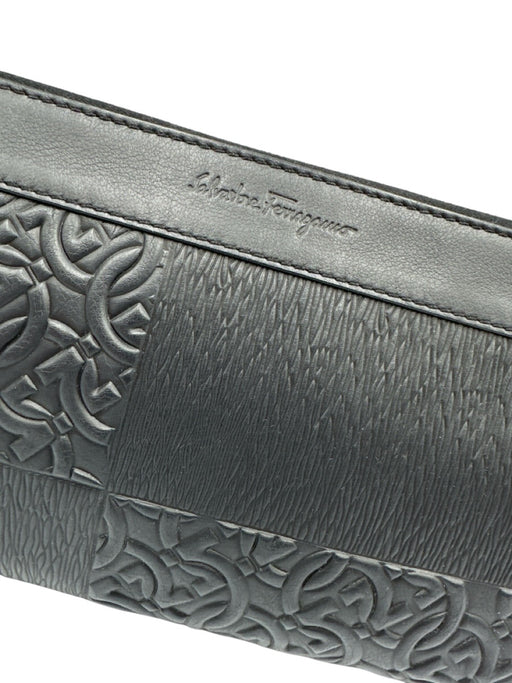 Salvatore Ferragamo Black Leather Embossed Zip Top Wristlet Pouch Bag Black