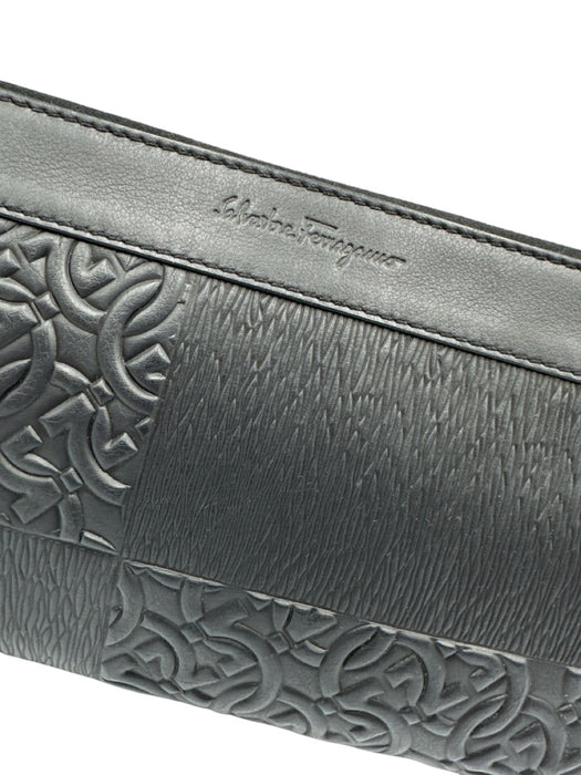 Salvatore Ferragamo Black Leather Embossed Zip Top Wristlet Pouch Bag Black