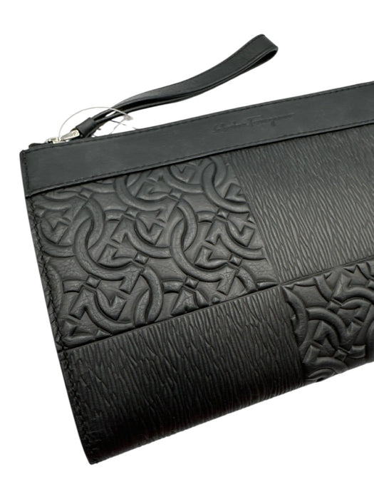 Salvatore Ferragamo Black Leather Embossed Zip Top Wristlet Pouch Bag Black