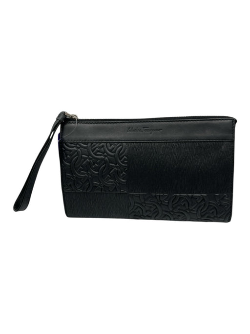Salvatore Ferragamo Black Leather Embossed Zip Top Wristlet Pouch Bag Black