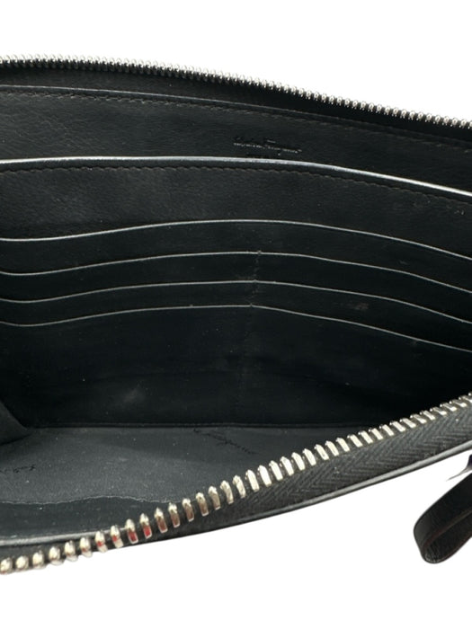 Salvatore Ferragamo Black Leather Embossed Zip Top Wristlet Pouch Bag Black