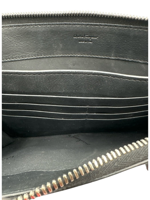Salvatore Ferragamo Black Leather Embossed Zip Top Wristlet Pouch Bag Black
