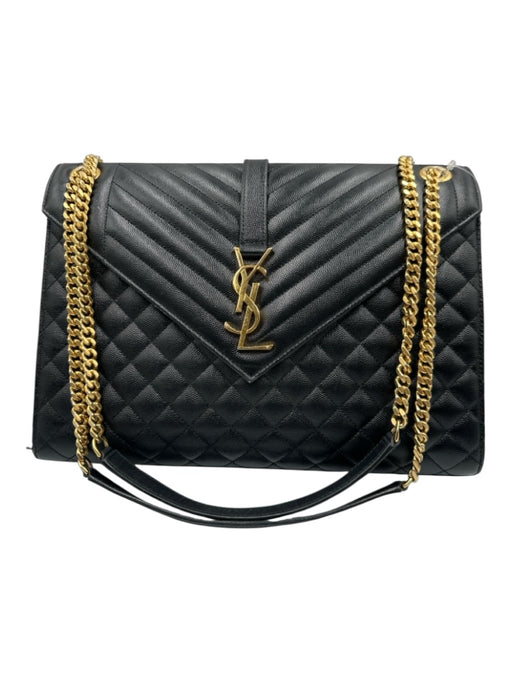 Saint Laurent Black Leather Gold Tone Hardware Quilted Magnetic Snap Flap Bag Black / Large