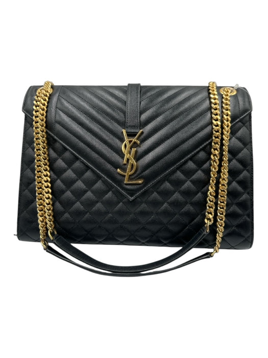 Saint Laurent Black Leather Gold Tone Hardware Quilted Magnetic Snap Flap Bag Black / Large