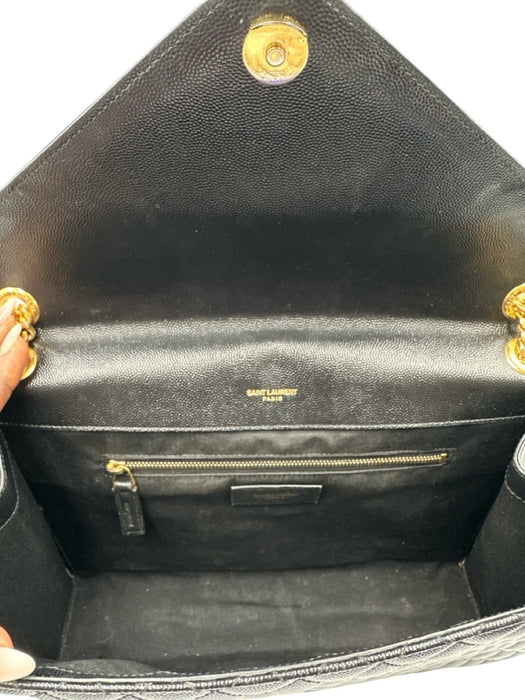 Saint Laurent Black Leather Gold Tone Hardware Quilted Magnetic Snap Flap Bag Black / Large