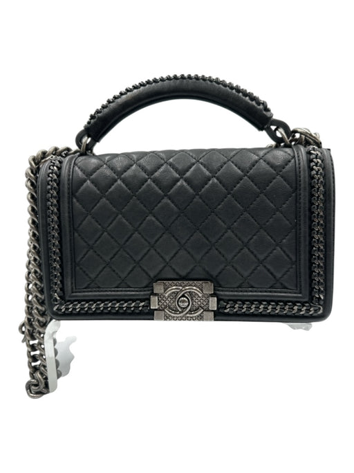 Chanel Black Leather Quilted Silver Tone Hardware Chain Detail Flap Over Bag Black / Small