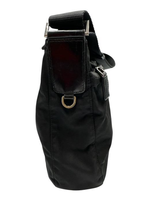 Prada Black Nylon Logo Plate Zip Top Silver Tone Hardware Crossbody Bag Black