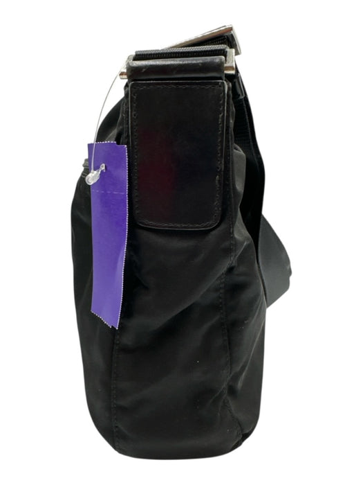 Prada Black Nylon Logo Plate Zip Top Silver Tone Hardware Crossbody Bag Black