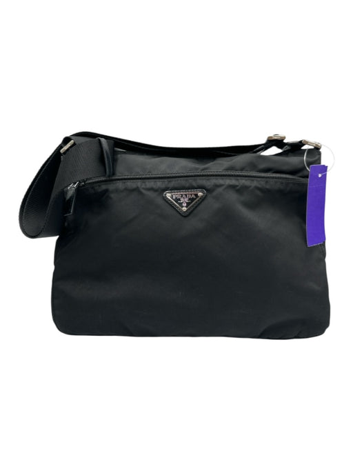 Prada Black Nylon Logo Plate Zip Top Silver Tone Hardware Crossbody Bag Black