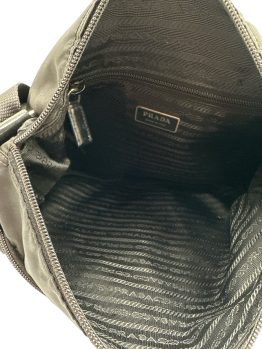 Prada Black Nylon Logo Plate Zip Top Silver Tone Hardware Crossbody Bag Black