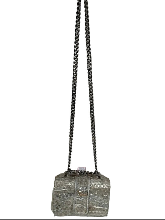 Belier Belier Gray & Silver Leather Woven Front Flap Chain Strap Crossbody Bag