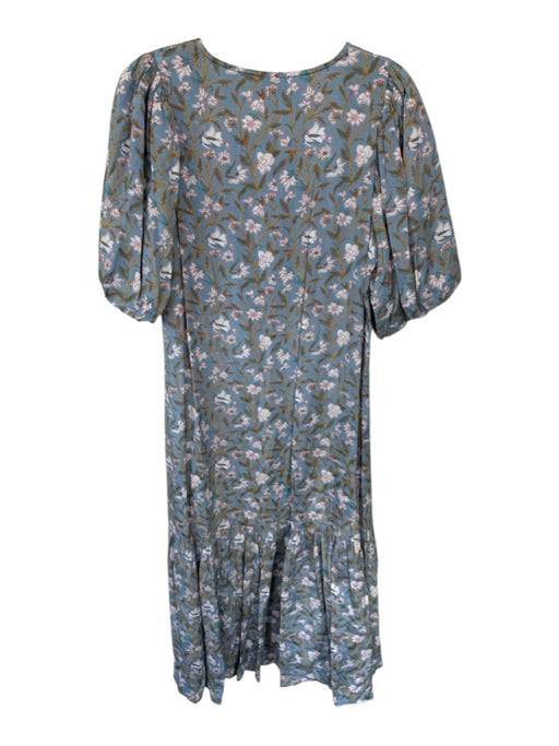 Anna Cate Size M Blue & Aqua V Neck Puff Sleeves Floral Pleated Bottom Dress Blue & Aqua / M