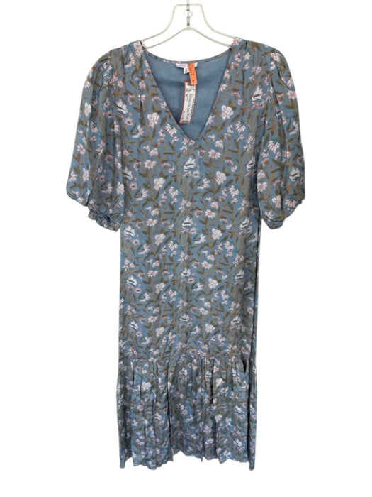 Anna Cate Size M Blue & Aqua V Neck Puff Sleeves Floral Pleated Bottom Dress Blue & Aqua / M