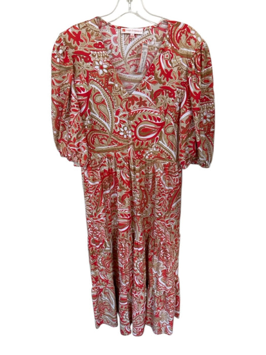 Jude Connally Size S Red & Tan Polyester V Neck Bubble Sleeve Abstract Dress Red & Tan / S