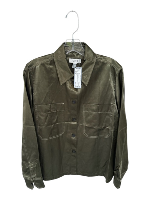 COS Size 6 Olive Green Polyester Long Sleeve Shiny Button Down Top Olive Green / 6