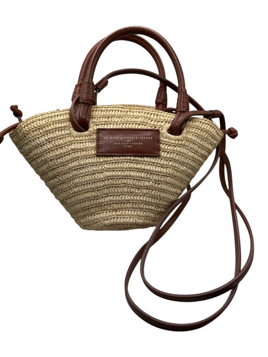 Sezane Tan & Brown Straw & Leather Top Handles Drawstring Interior Bag Tan & Brown / S