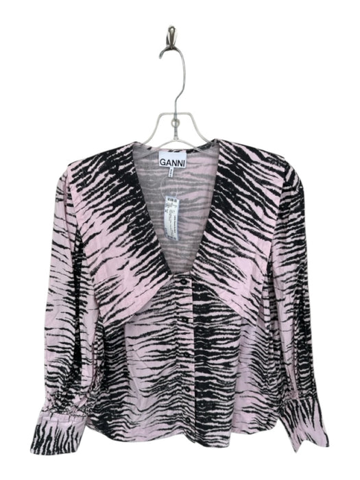 Ganni Size 36 Pink & Black Cotton Long Sleeve Animal Print Bib Top Pink & Black / 36