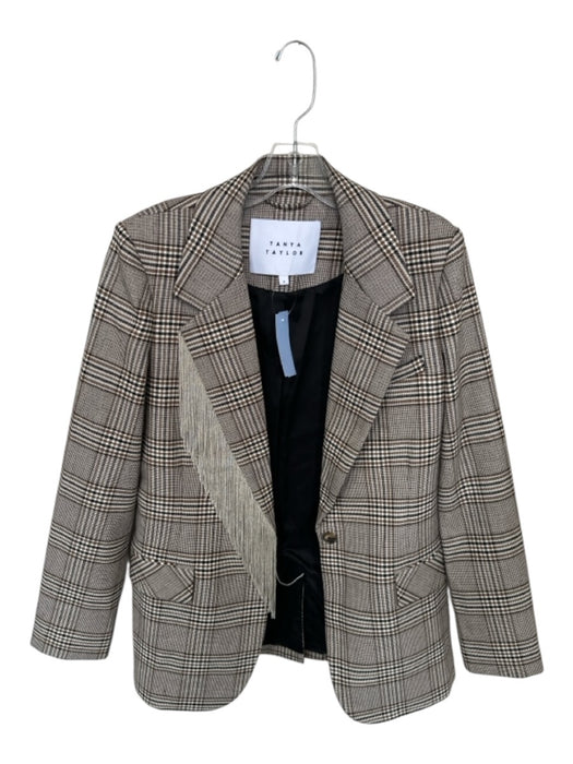 Tanya Taylor Size 6 Brown & Cream Polyester Long Sleeve Plaid Fringe Jacket Brown & Cream / 6