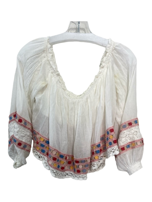 Free People Size S White & Multi Cotton Embroidered Off Shoulder Top White & Multi / S