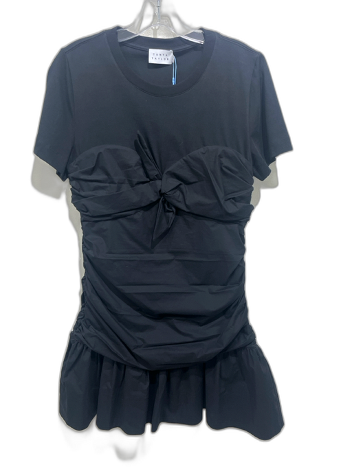 Tanya Taylor Size M Black Cotton Short Sleeve Ruched Knot Detail Dress Black / M